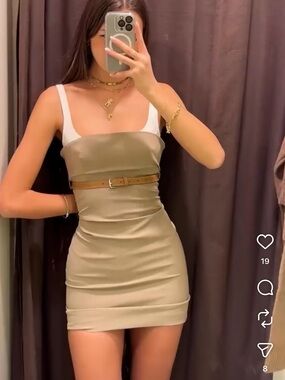 Zara Slim Fit Khaki Strap Mini Dress with White Straps